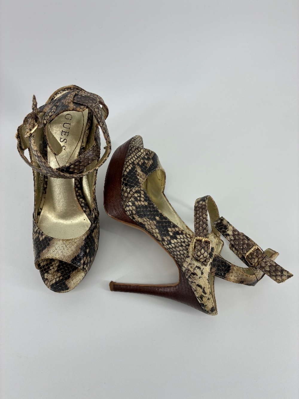 MASSIVE $10 SALE Guess Snakeskin Double Buckle Open Toe High Heel Sandals